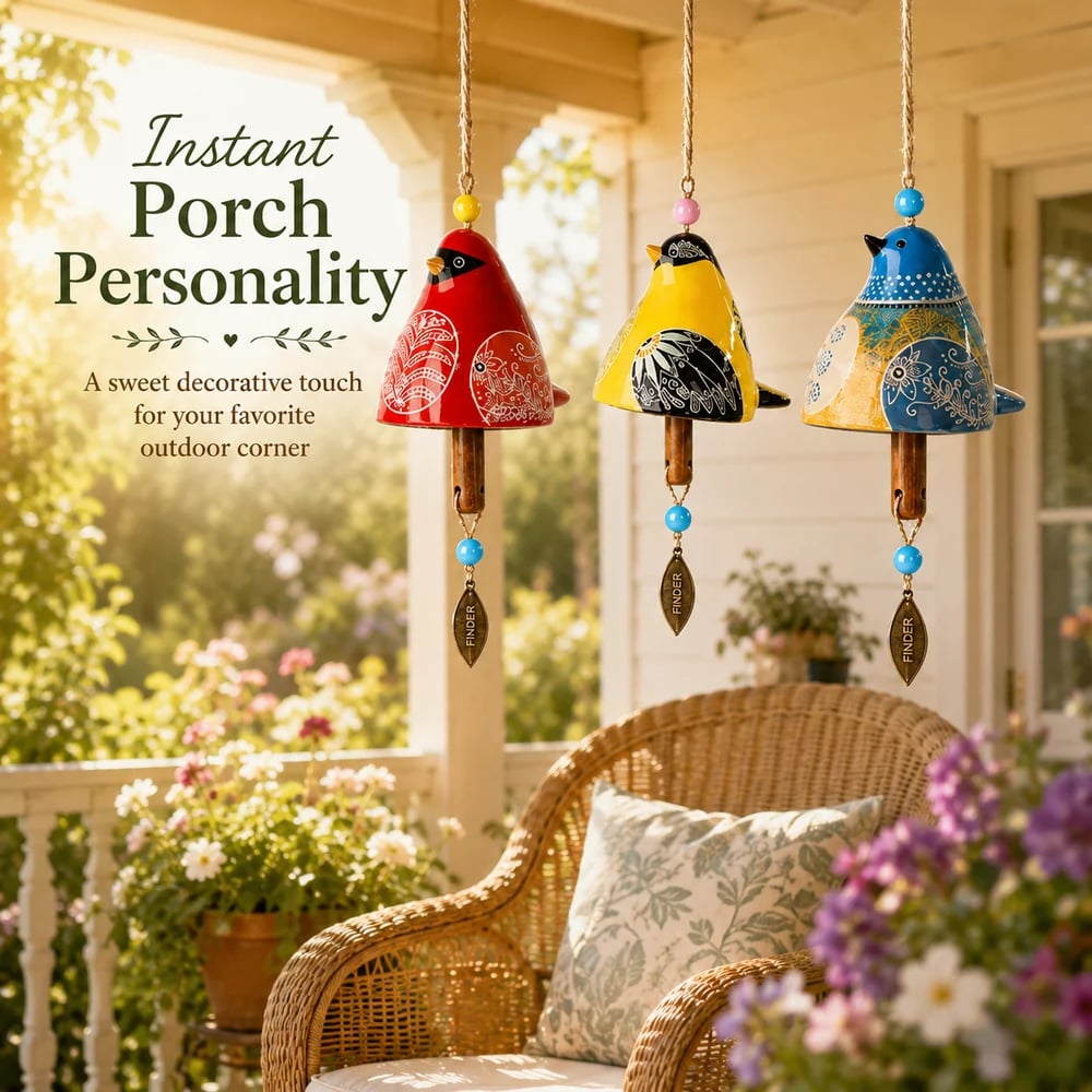 Red, yellow and blue bird chimes hanging above a wicker chair on a covered, flower-filled porch.