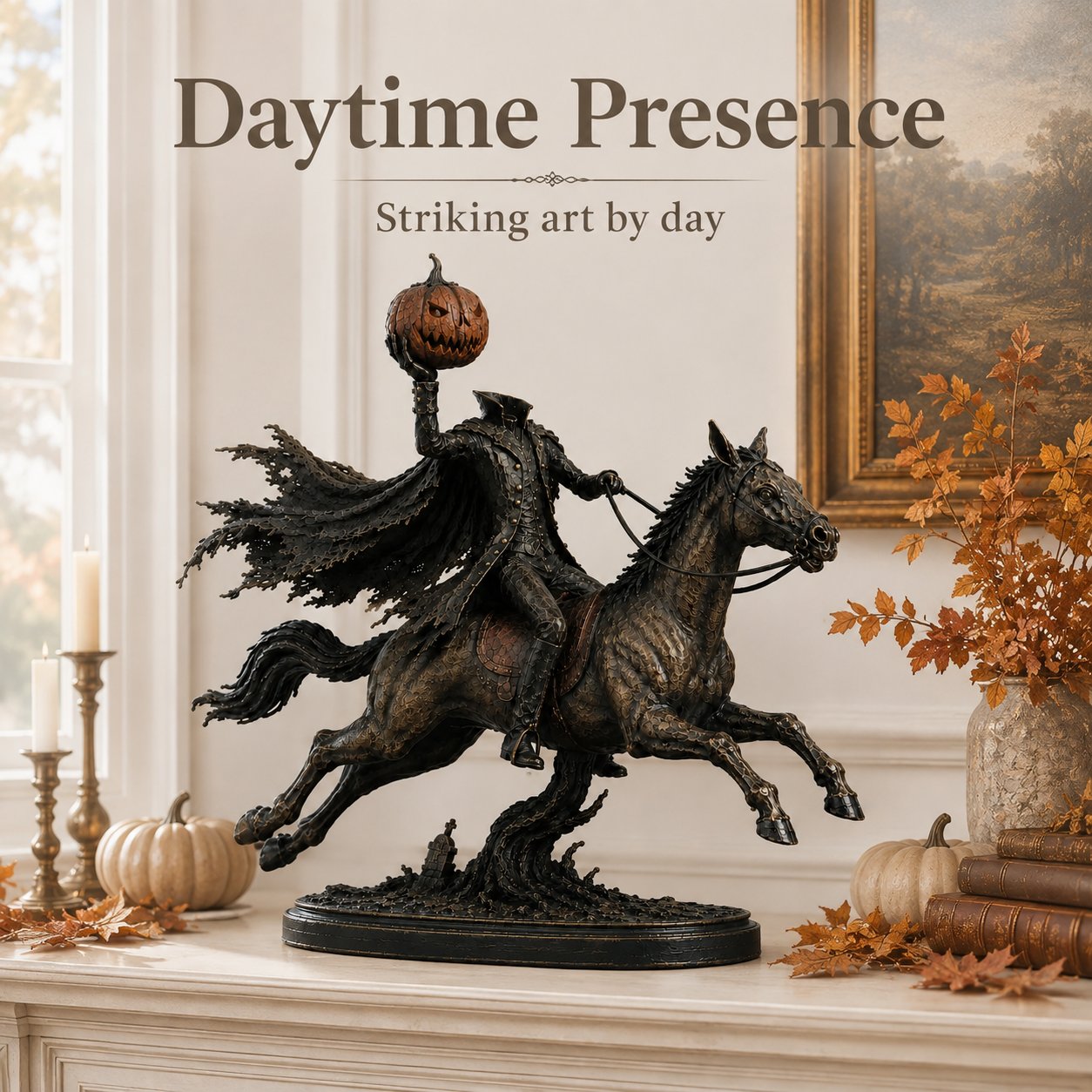 Headless Horseman figurine displayed during daytime