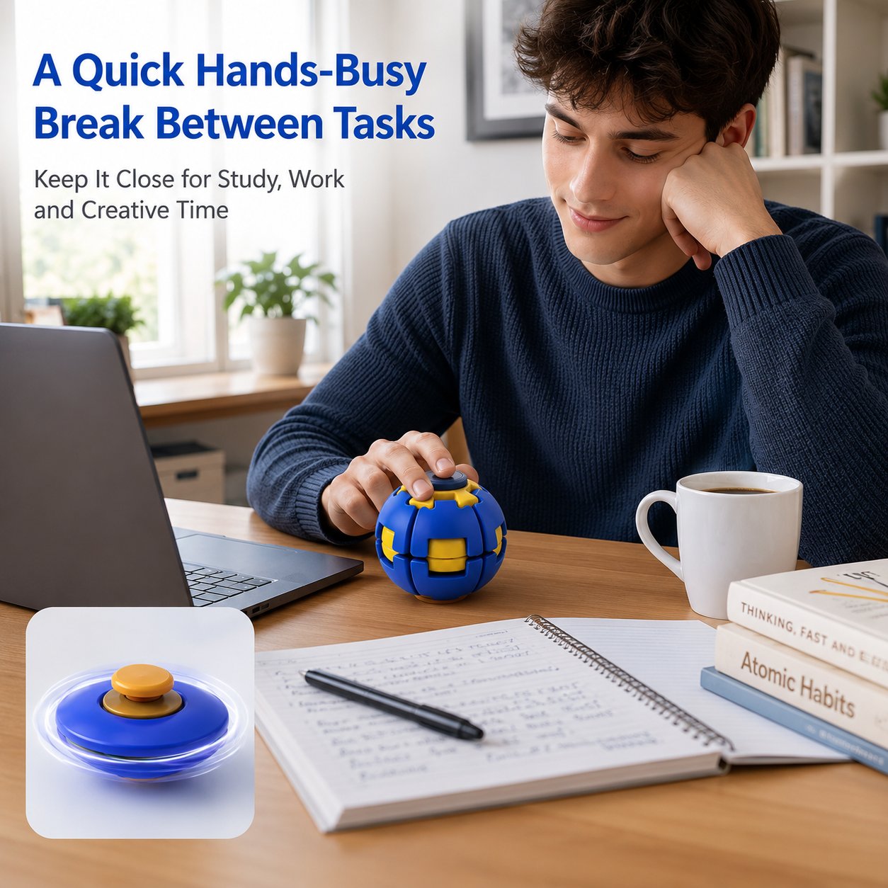 Compact fidget toy beside a laptop and desk workspace
