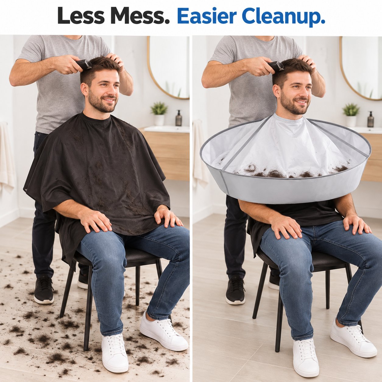 Hair catcher cape helps keep hair off the floor