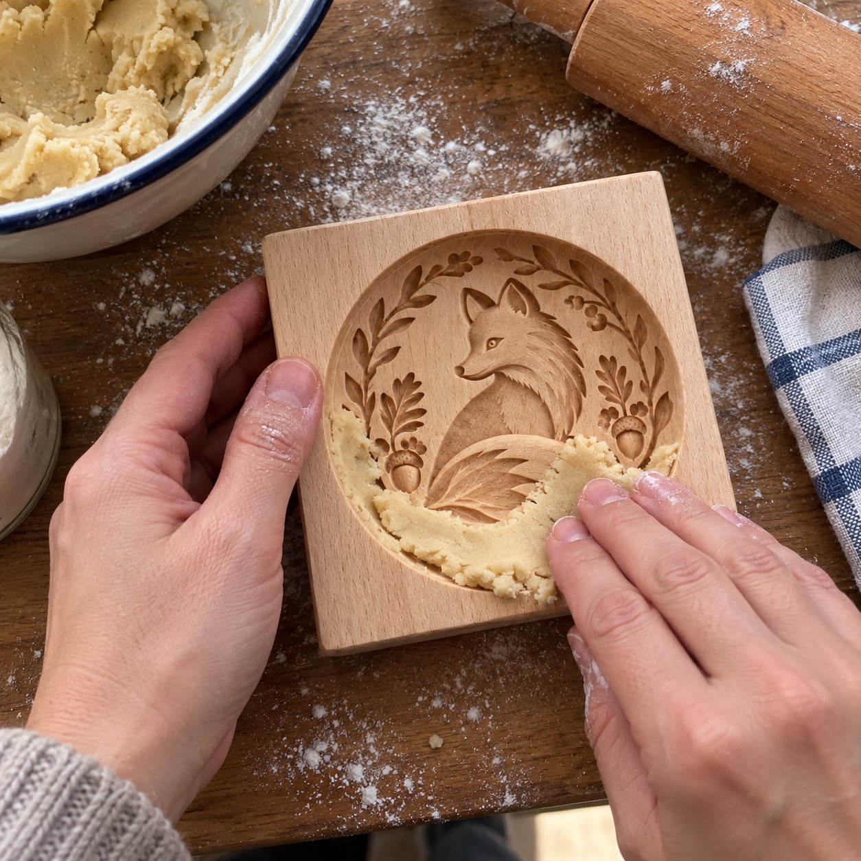 Hands pressing cookie dough into the fox wooden mold