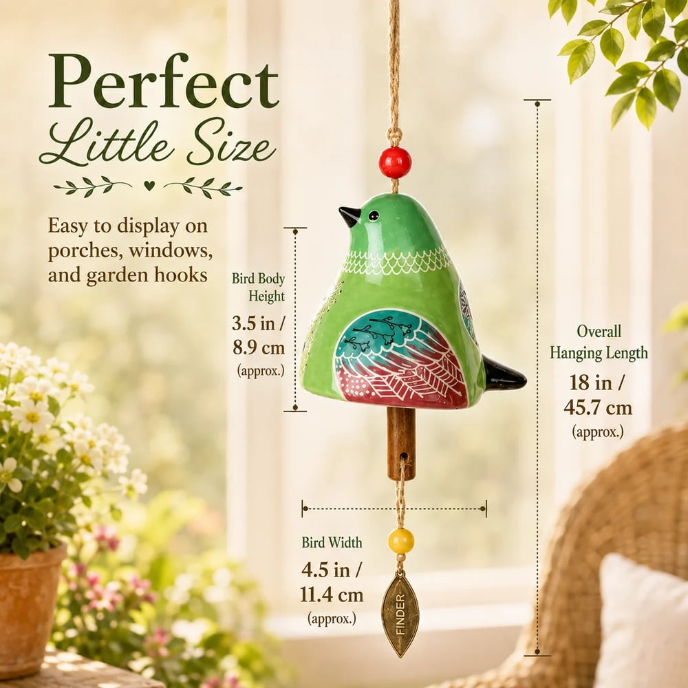 Green-bird size guide: approximately 3.5 inches body height, 4.5 inches width and 18 inches overall hanging length.