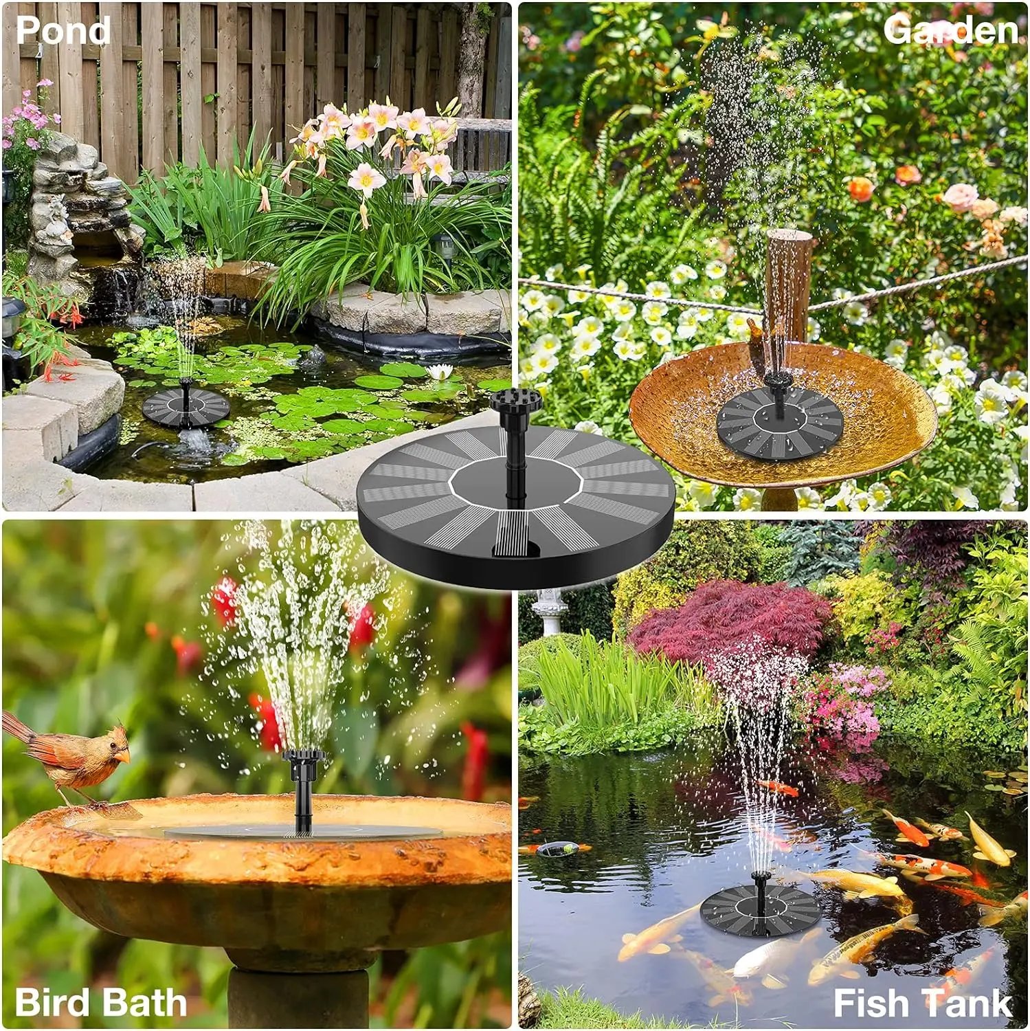 Birds visiting an outdoor solar fountain bird bath