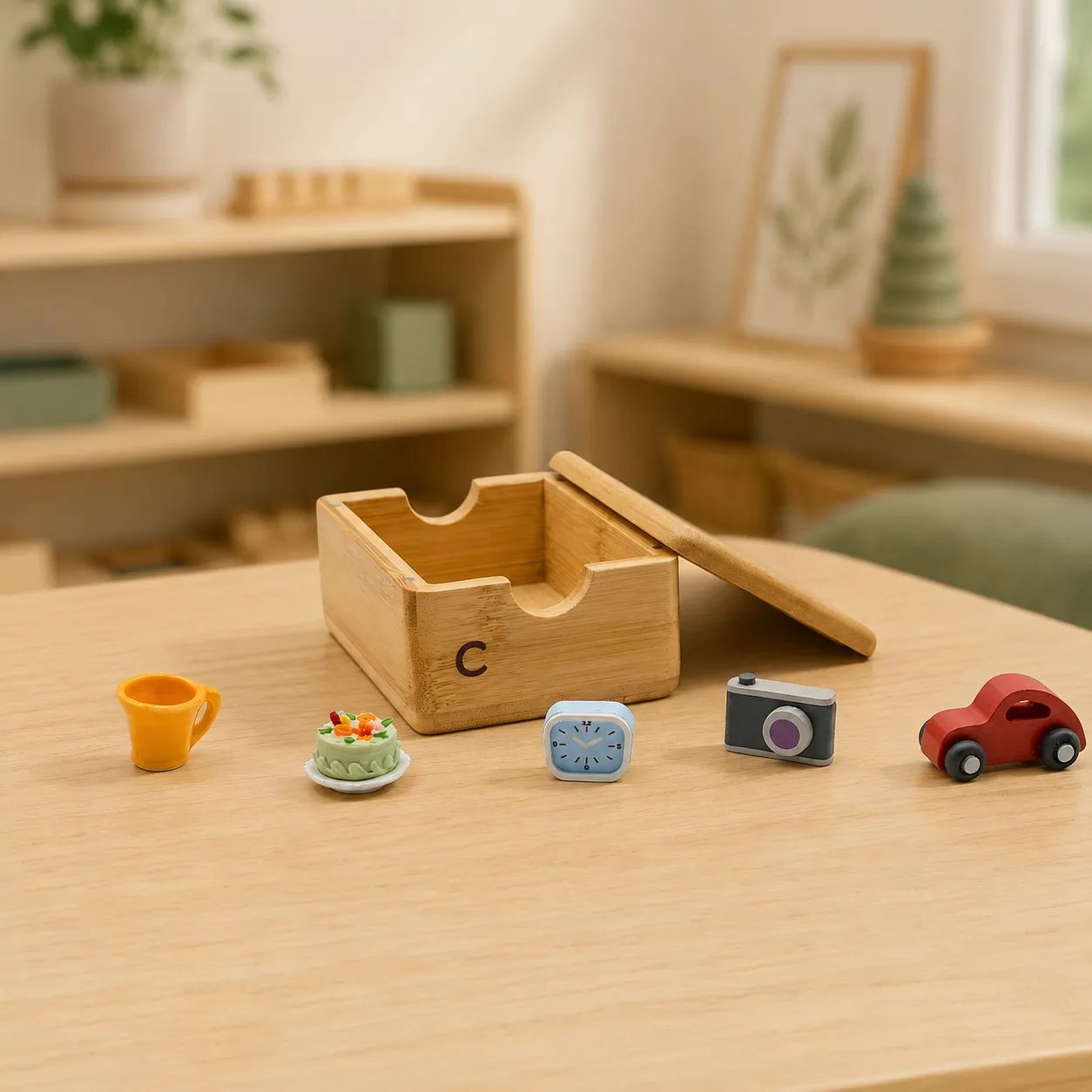 Open bamboo phonics drawer with miniature objects