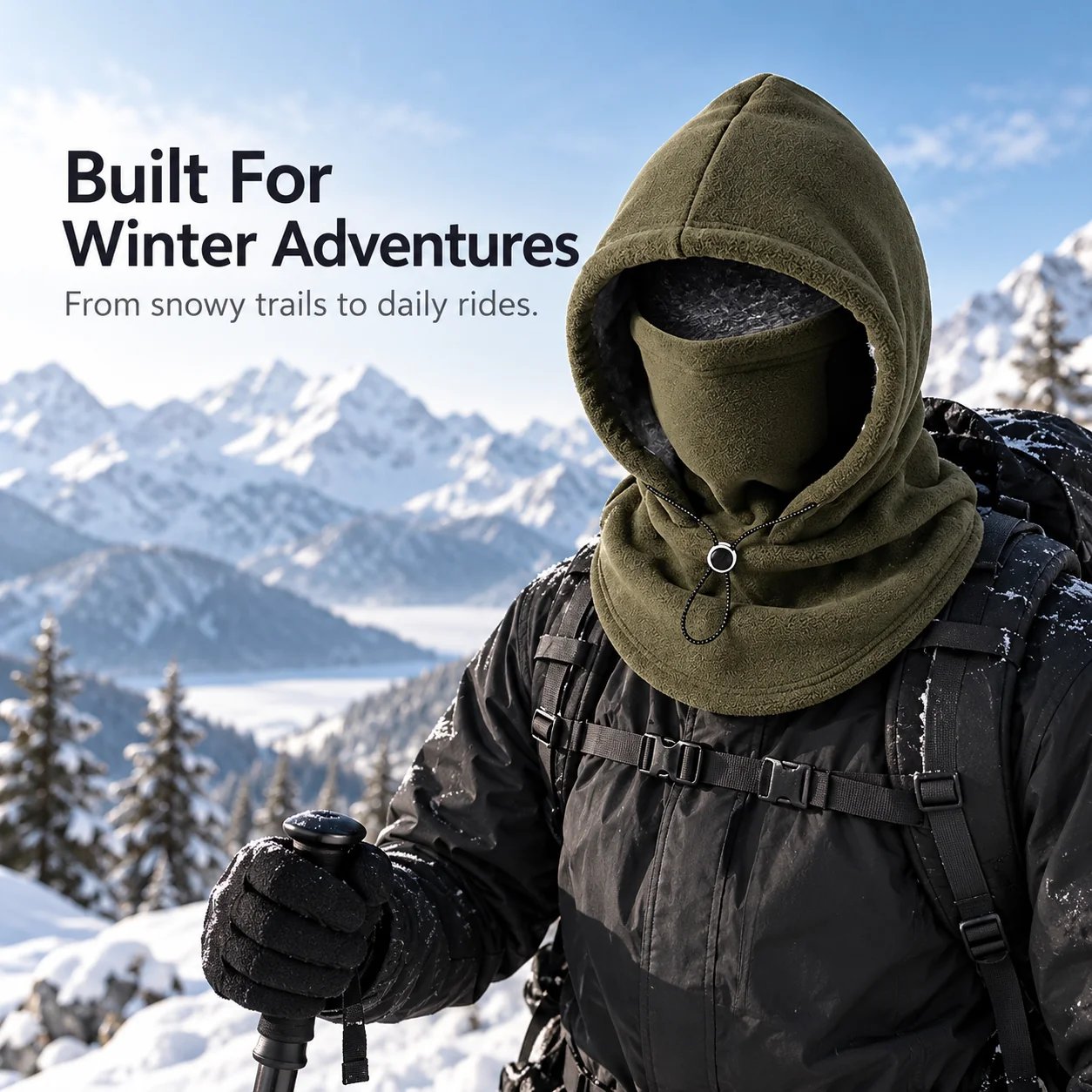 Green fleece balaclava hood worn with a winter jacket on a snowy mountain trail