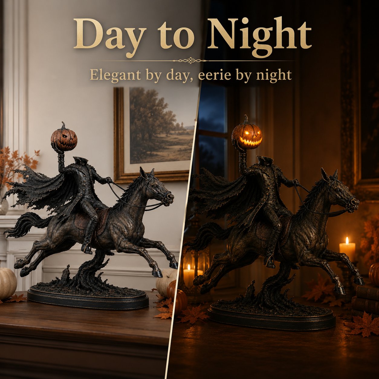 Headless Horseman figurine day and night comparison