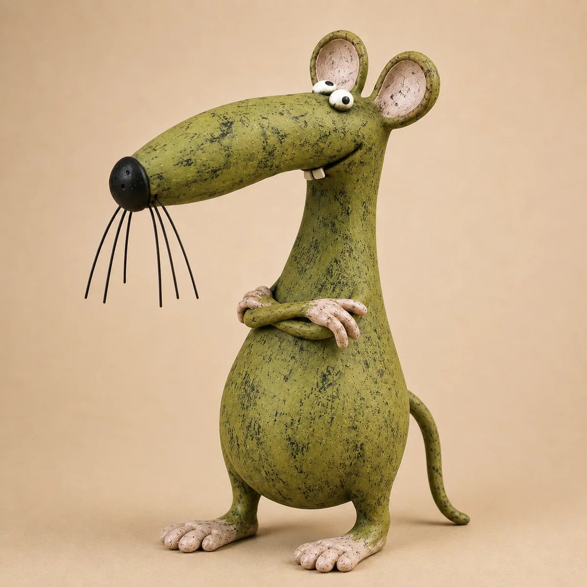 Distressed olive green mouse figurine with long nose and crossed arms