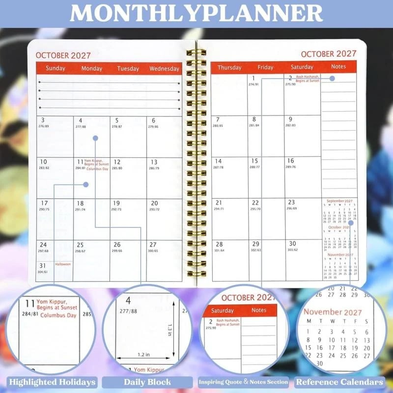 Detailed monthly planner spread with daily blocks and reference calendar