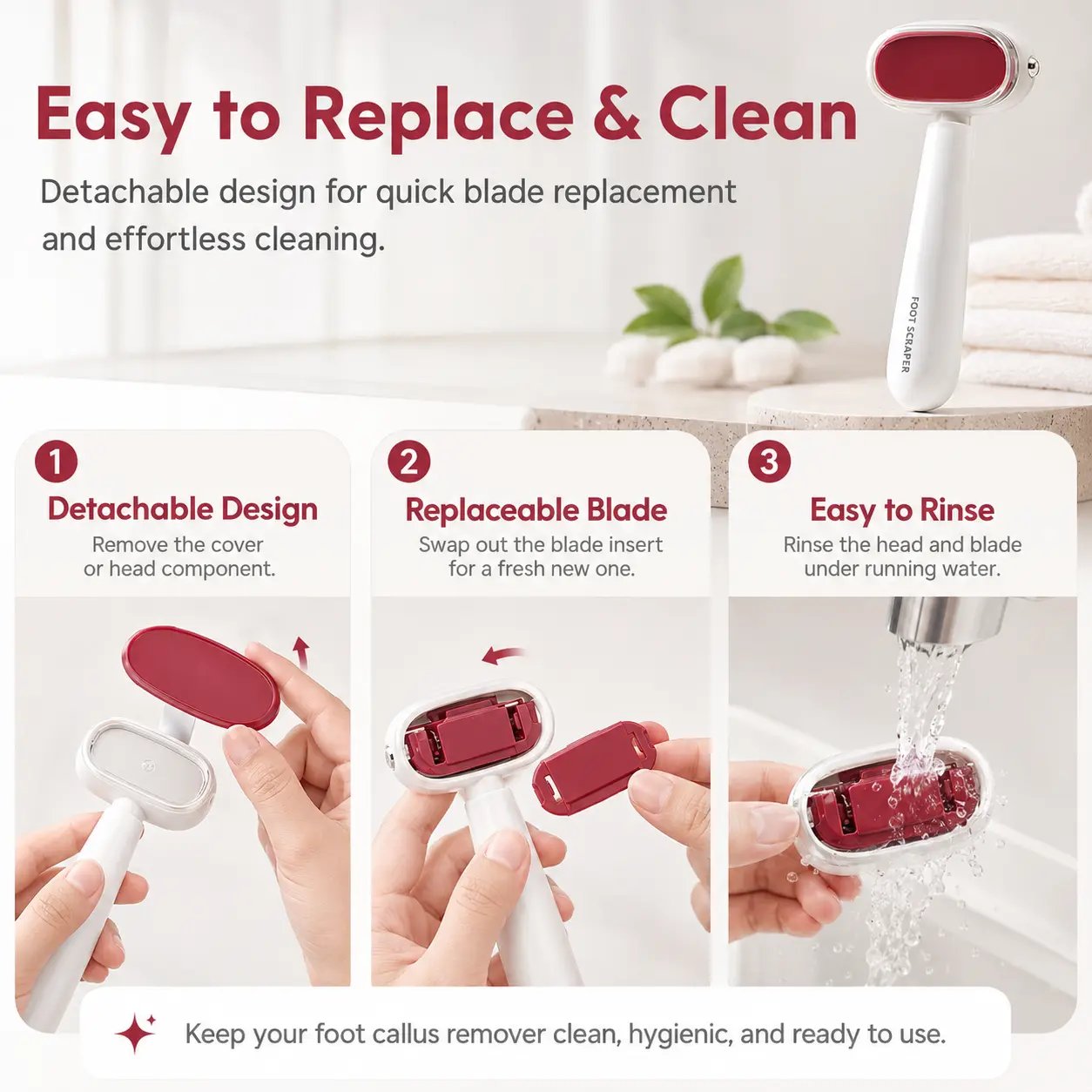 Replaceable blade and washable foot scraper