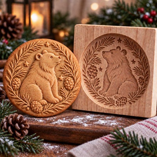 Bear design wooden mold with matching cookie