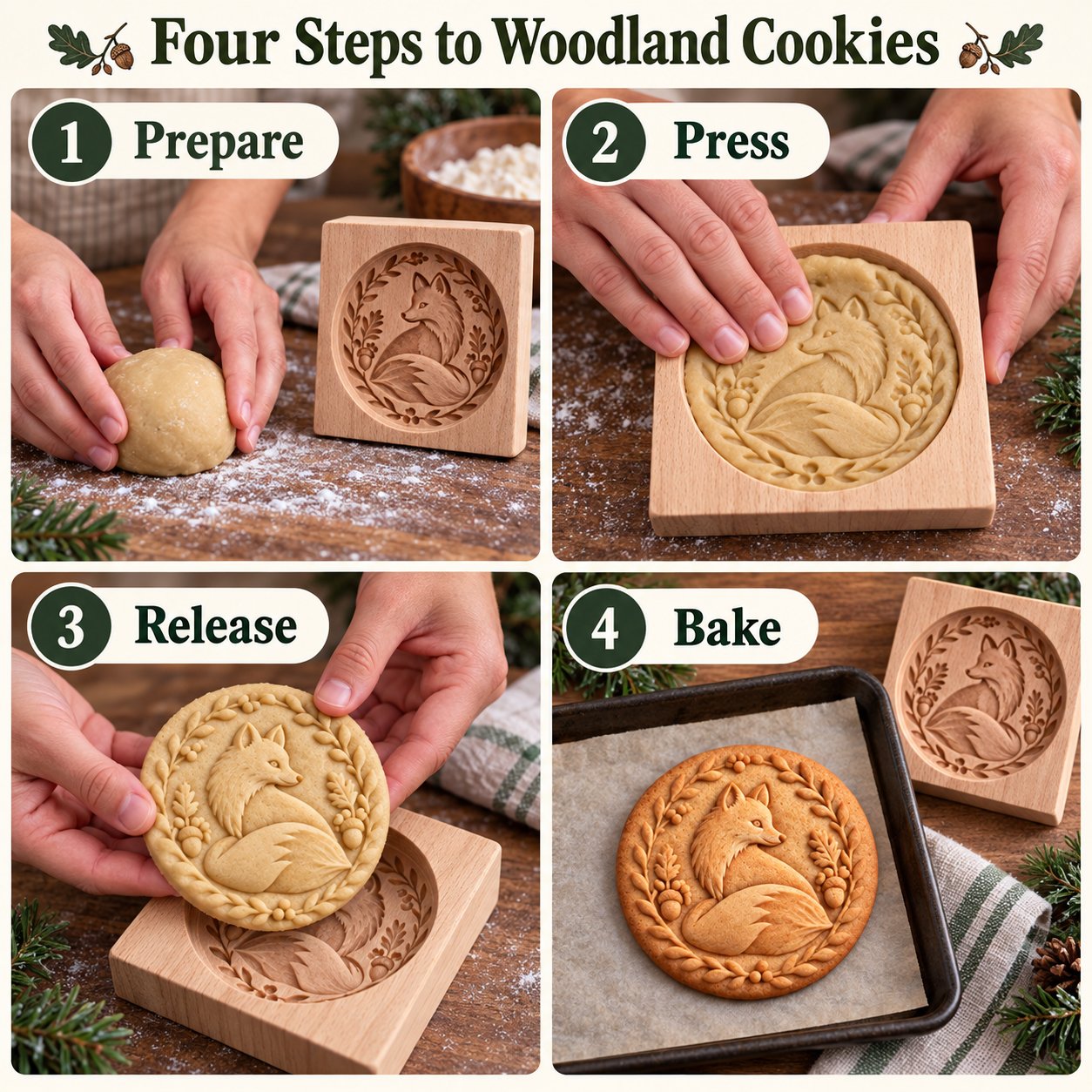 Four steps to woodland cookies: prepare dough, press into mold, release, then bake