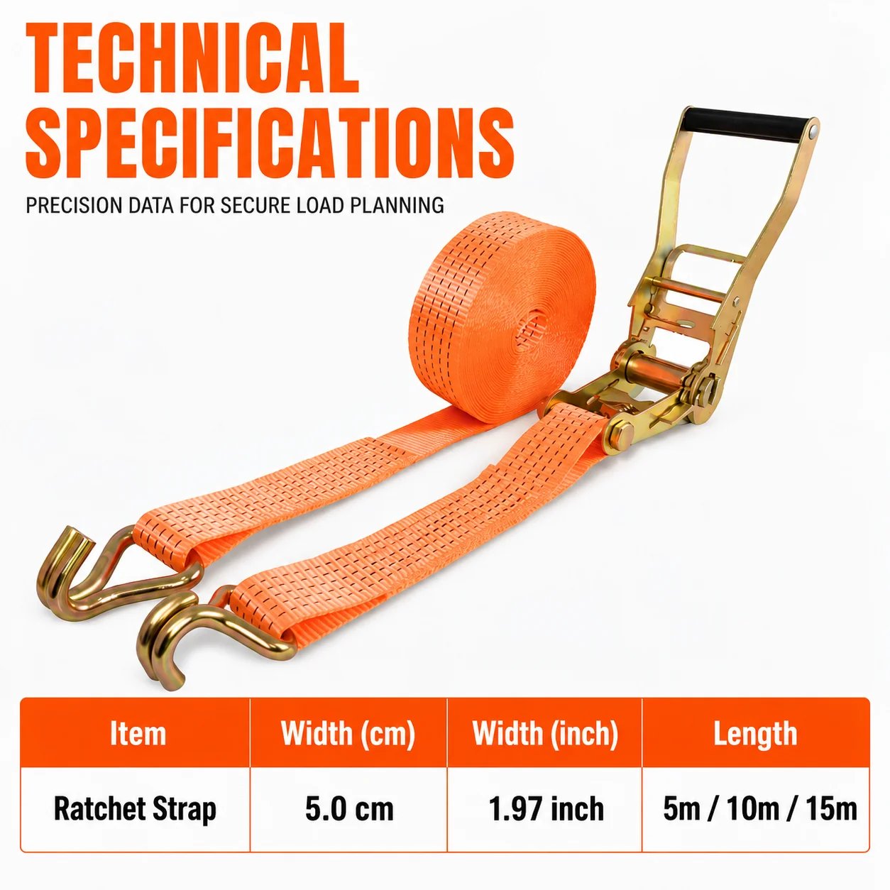 Ratchet cargo strap specifications 5 cm width and 5 10 15 meter lengths