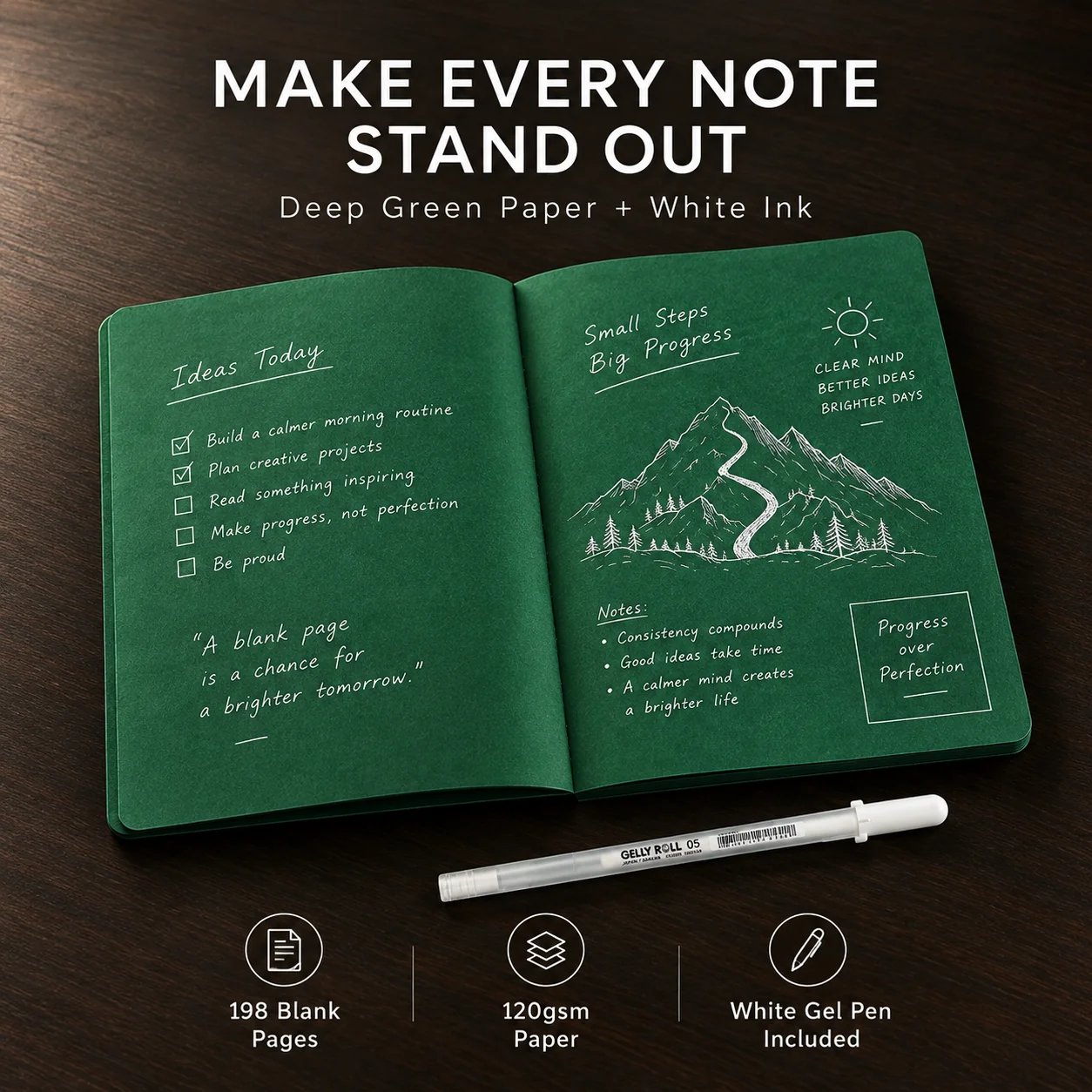 Person creating white ink mountain sketch in green notebook