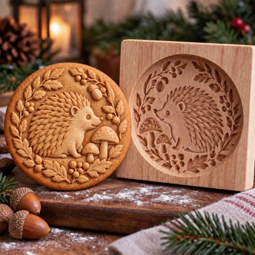 Hedgehog design wooden mold with matching cookie