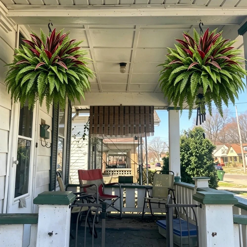 Artificial fern and red dracaena styled outdoors