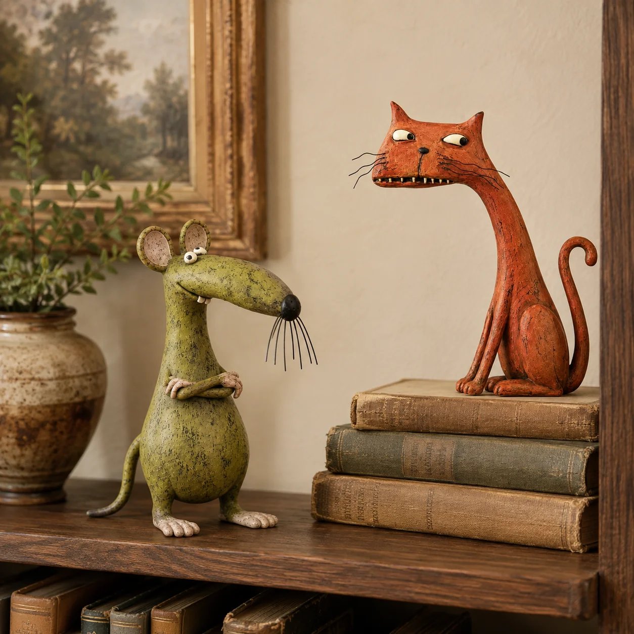 Vintage-style green mouse and burnt orange cat figurines displayed with old books