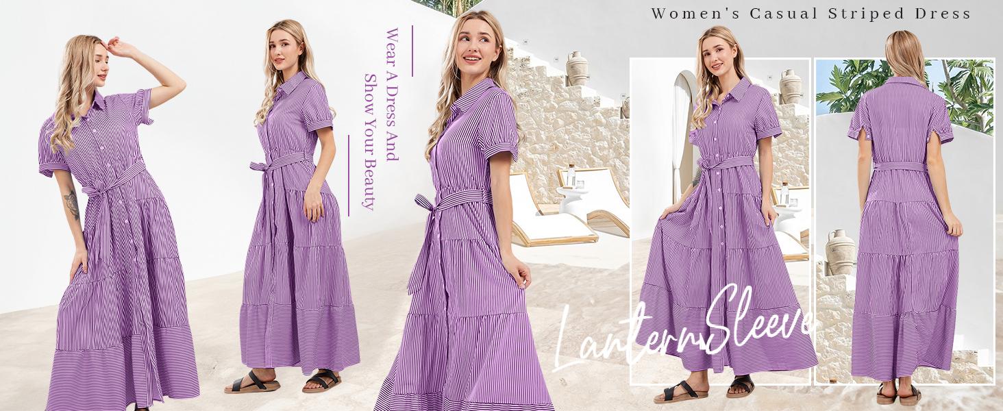 utcoco women's summer striped dress with tie waist ruffles long casual Shortsleeve Womenswear shirt dress SpringStatements