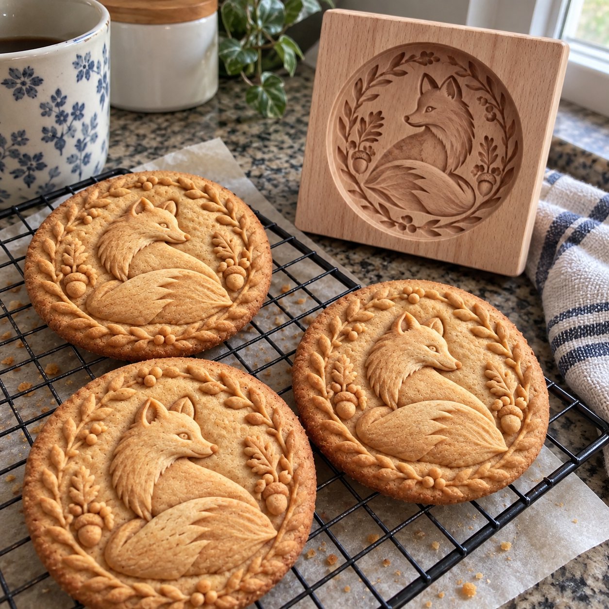 Three fox patterned cookies cooling on a rack beside the wooden mold