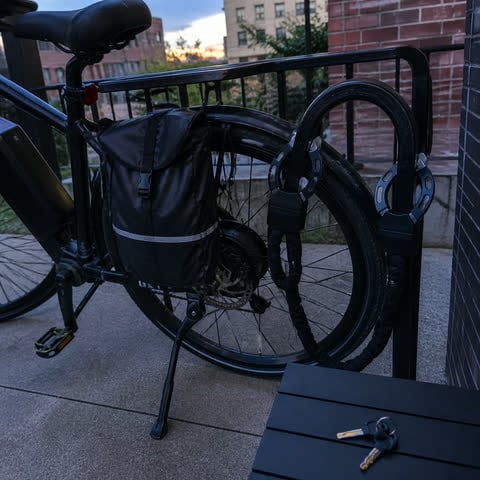E-bike secured on a condo patio