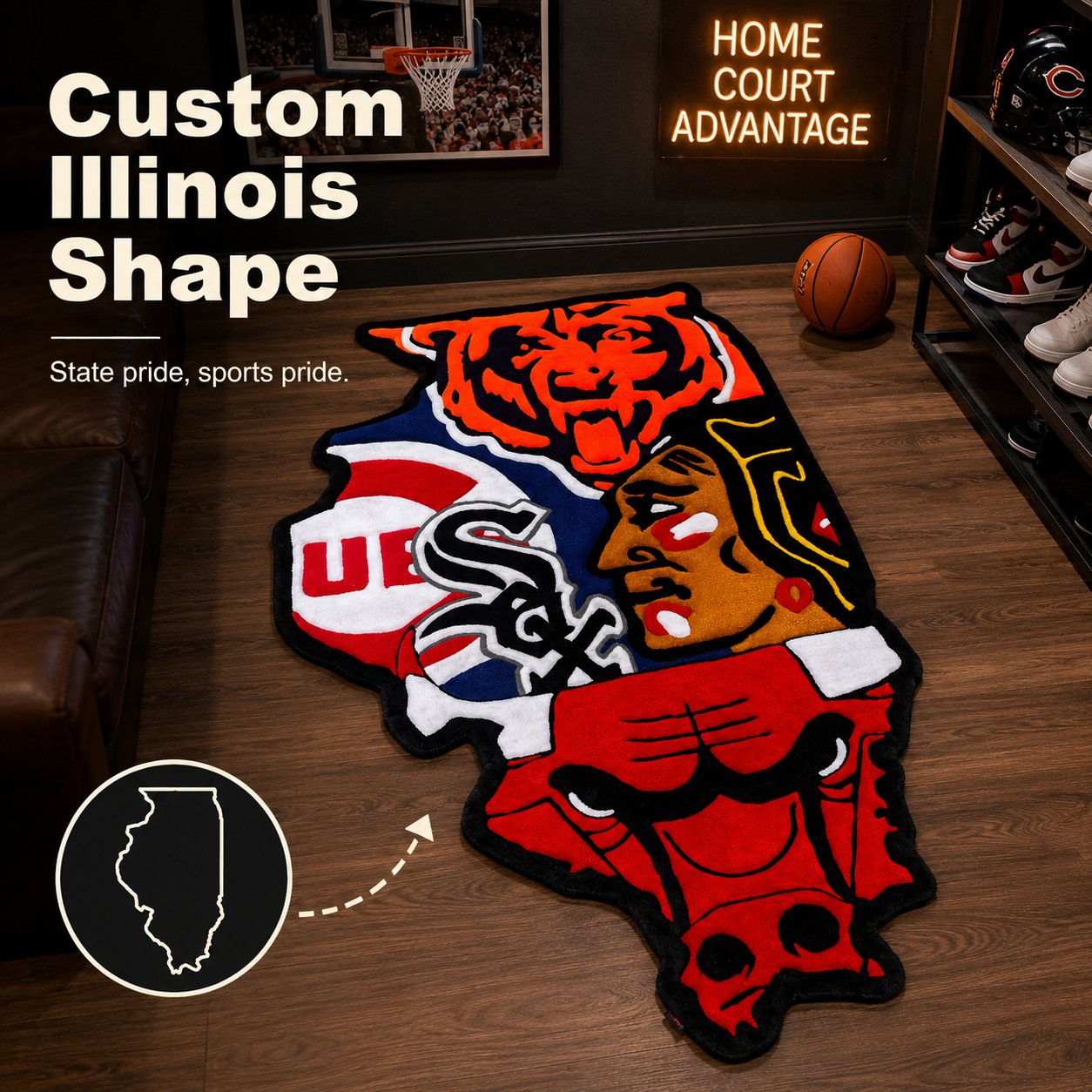 Illinois-shaped Chicago sports fan rug