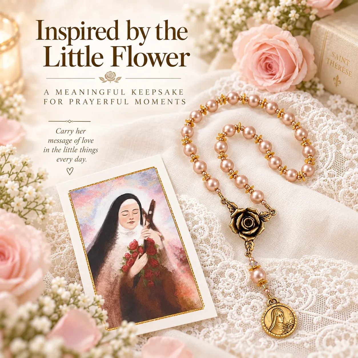 St Therese Little Flower devotional chaplet and prayer card