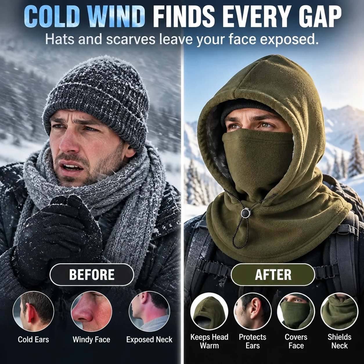 Comparison of a separate winter hat and scarf with a fleece hood