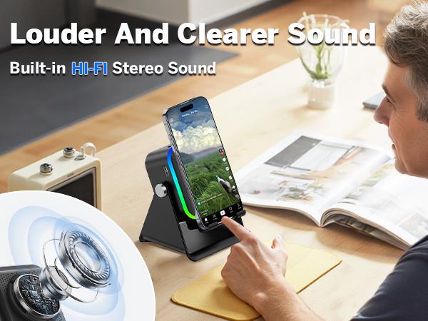 Wireless Induction Audio Speaker Stand, 5in1 Cellphone Holder, 3500mAh Rechargeable Emergency Power Bank,360° Adjustable Mobile Tablet Stand with Colorful Ambient Light Gifts for Men Women