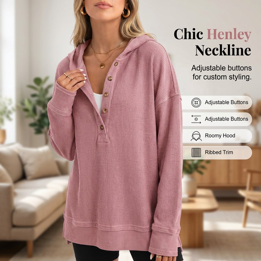 Close-up of button-down V-neck detail on hoodie