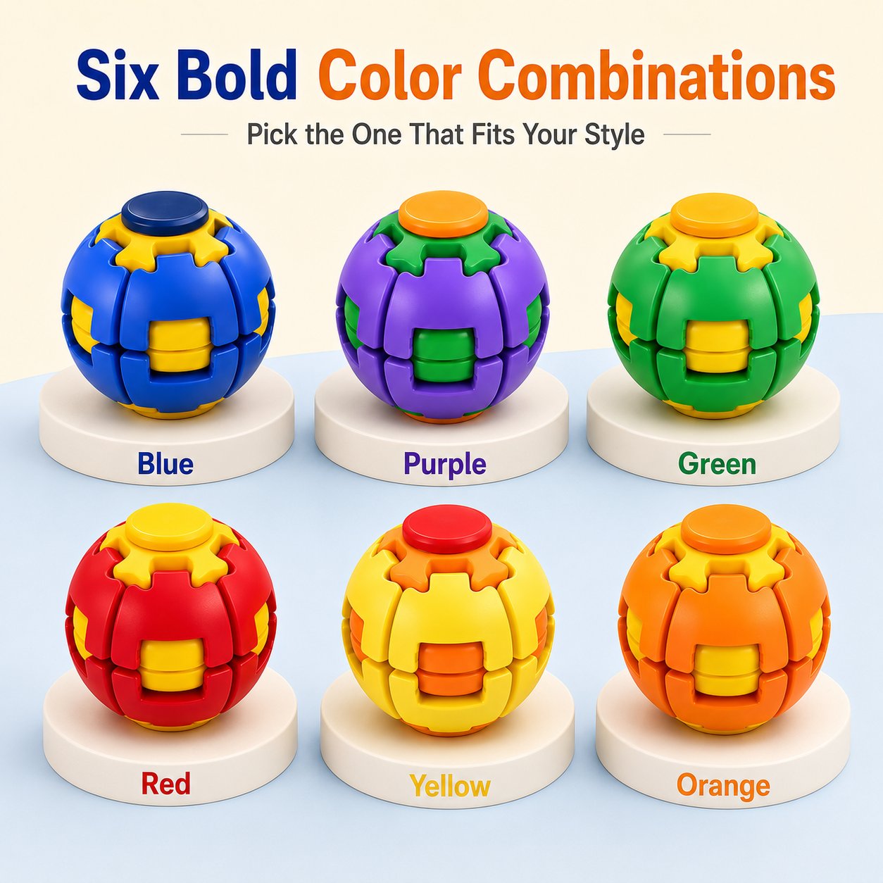 Six color options for the transforming spinner toy