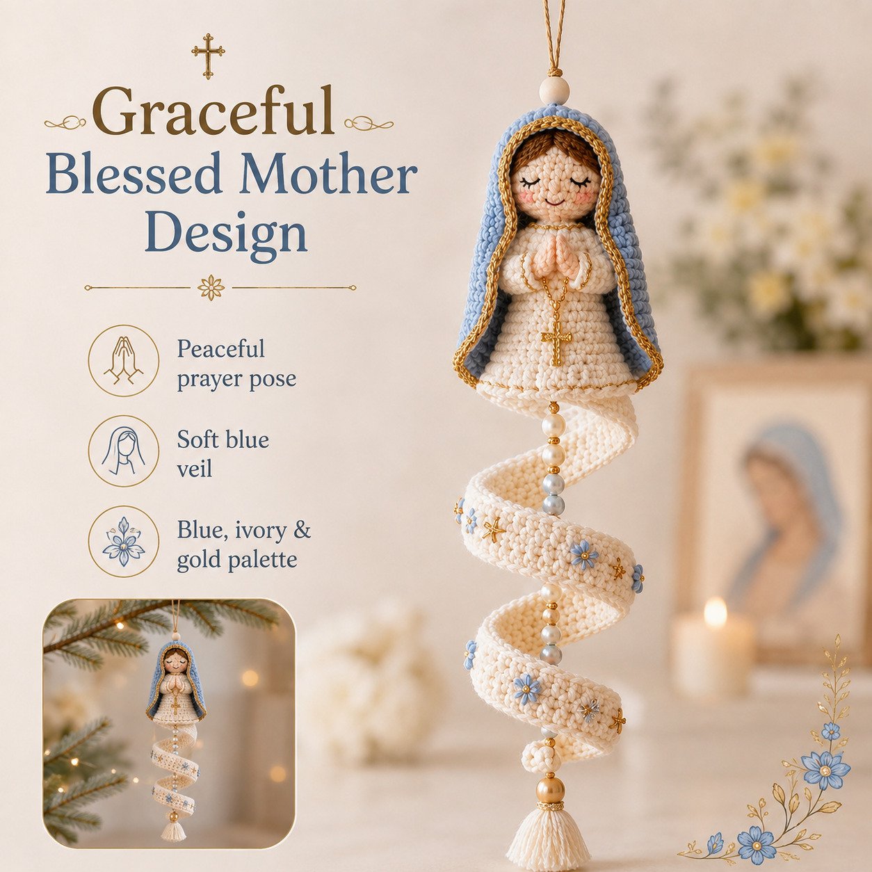 Blessed Mother crochet ornament with blue veil ivory gown and spiral design