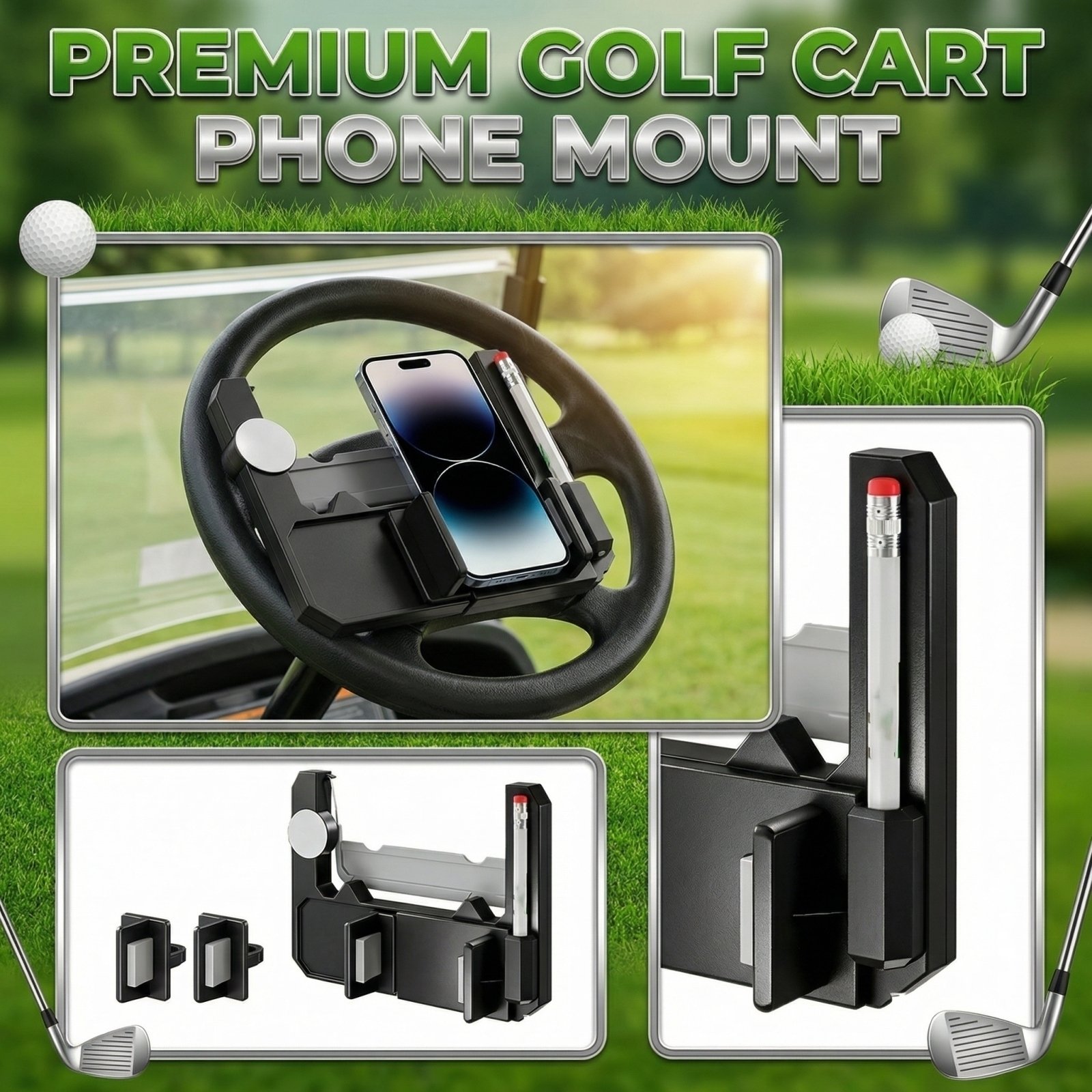 Golf Cart Phone Holder Steering Wheel Cell Phone Mount Flip Up Club Car Golf Cart Accessories EZGO Yamaha Golf Cart Steering Wheel Phone Holder Fathers Day Gifts