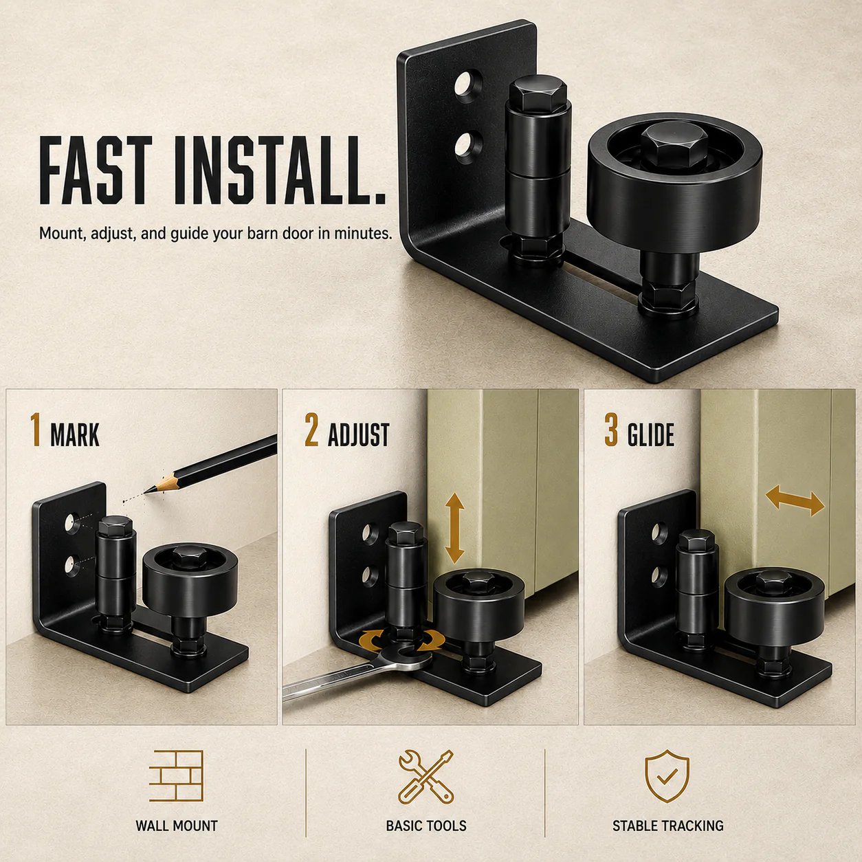 Step-by-step installation guide showing mark, adjust, and guide process