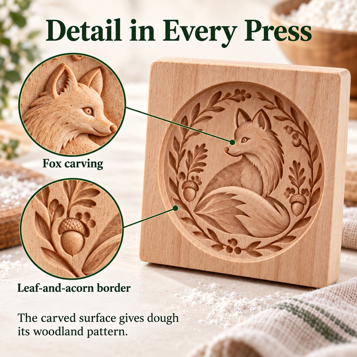 Close-up diagram of the fox carving, including its leaf and acorn border