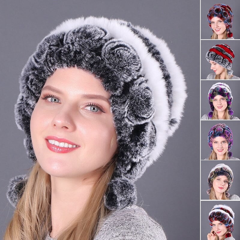 Warm Flowers Striped Rabbit Fur Hats Signifye