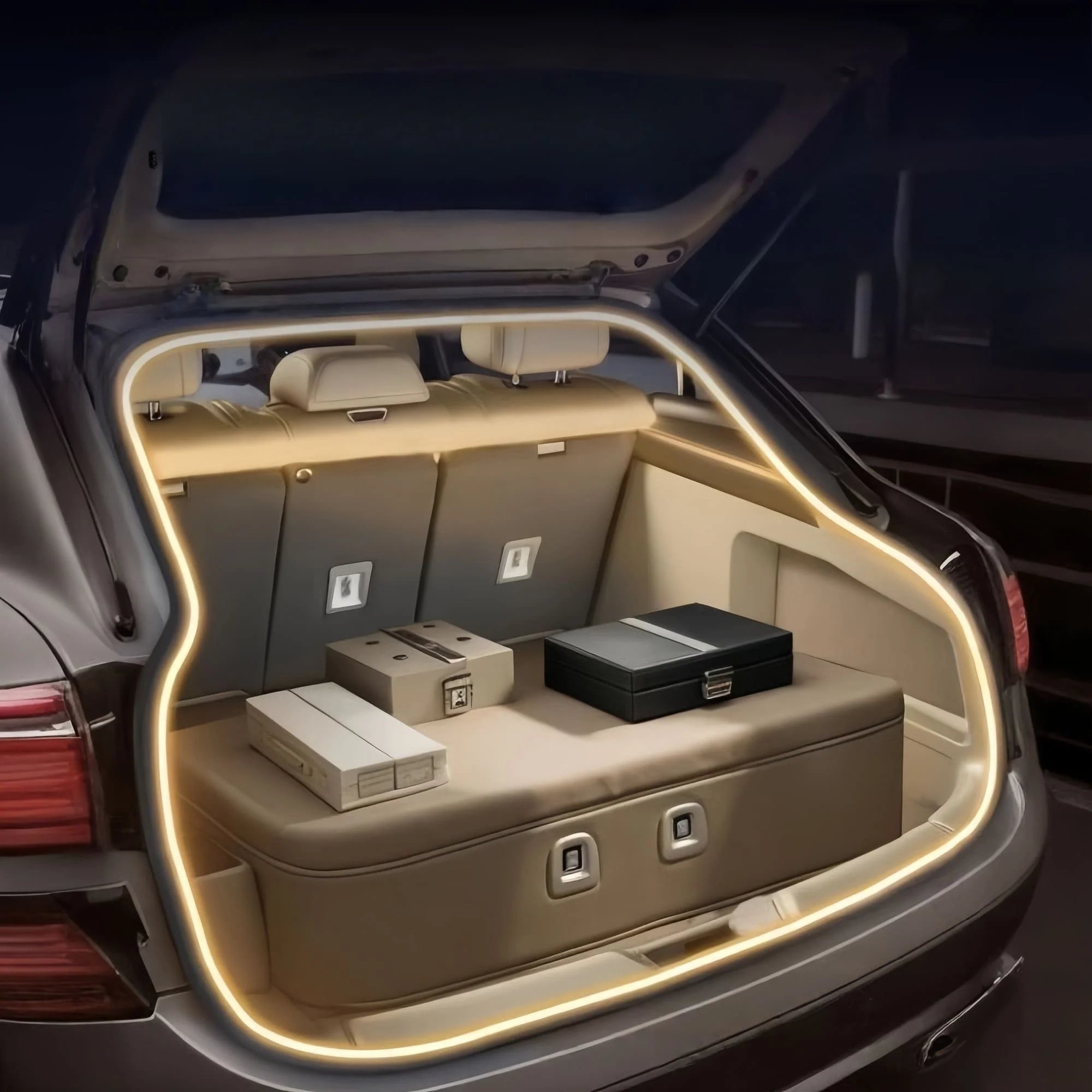 Car trunk illuminated by a continuous warm LED light strip