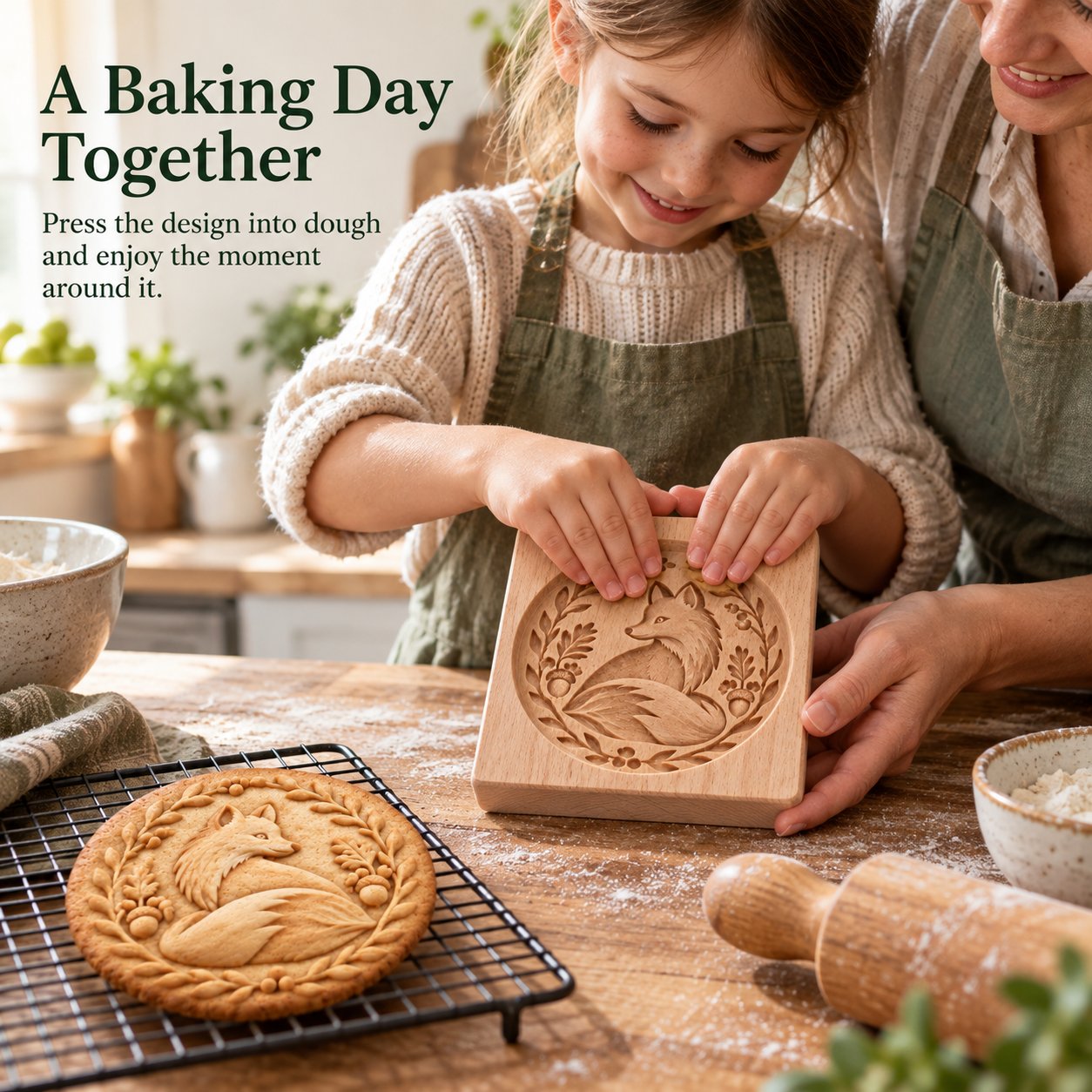Parent and child making embossed fox cookies together in a kitchen