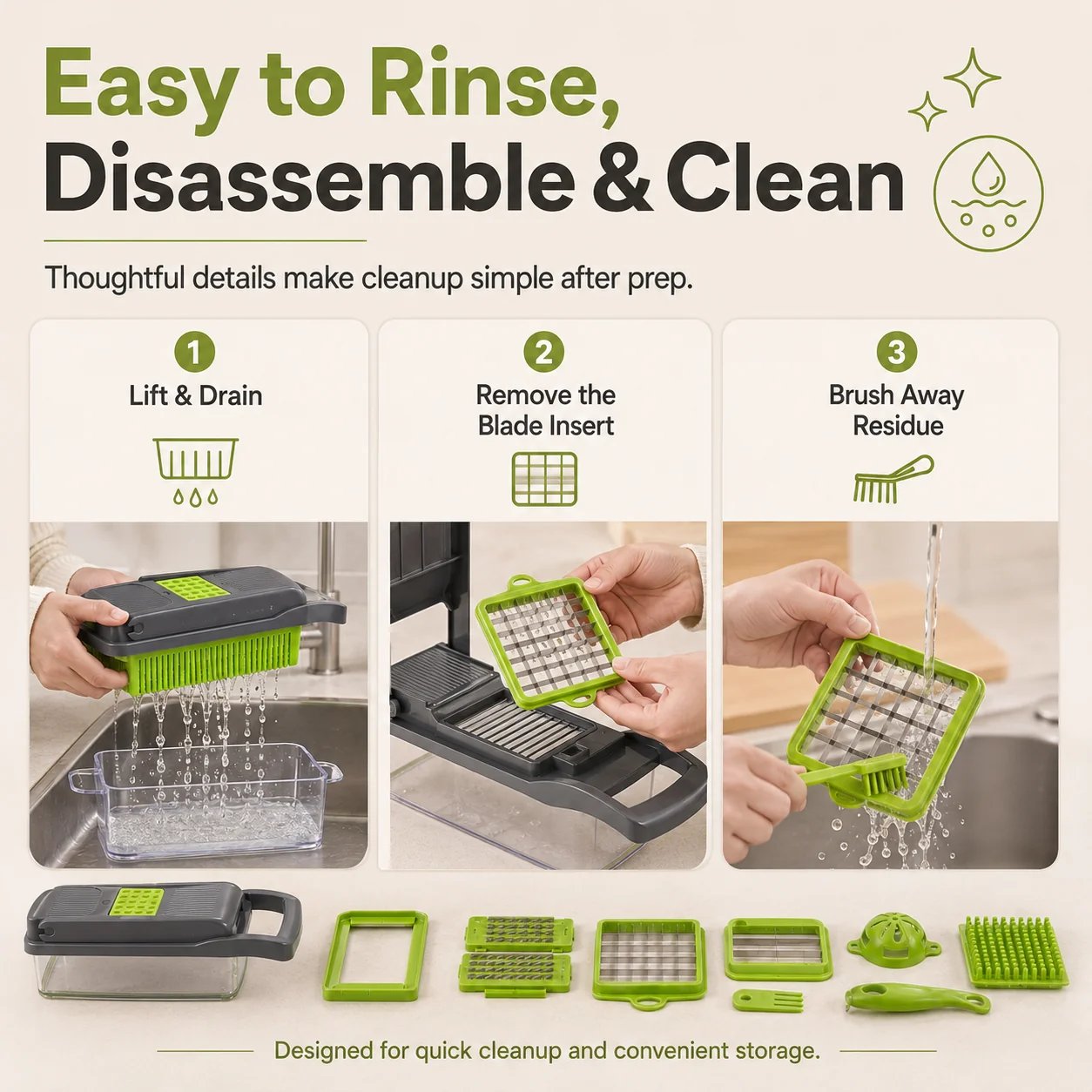 Easy to rinse, remove and clean mandoline slicer components