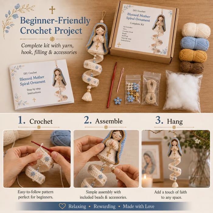 Steps for crocheting and assembling the Blessed Mother spiral ornament