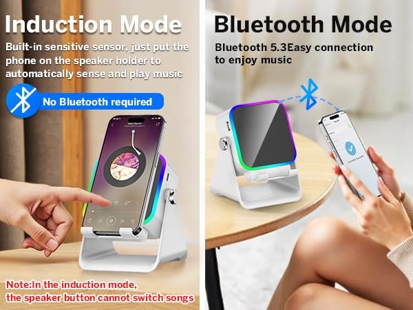 Wireless Induction Audio Speaker Stand, 5in1 Cellphone Holder, 3500mAh Rechargeable Emergency Power Bank,360° Adjustable Mobile Tablet Stand with Colorful Ambient Light Gifts for Men Women