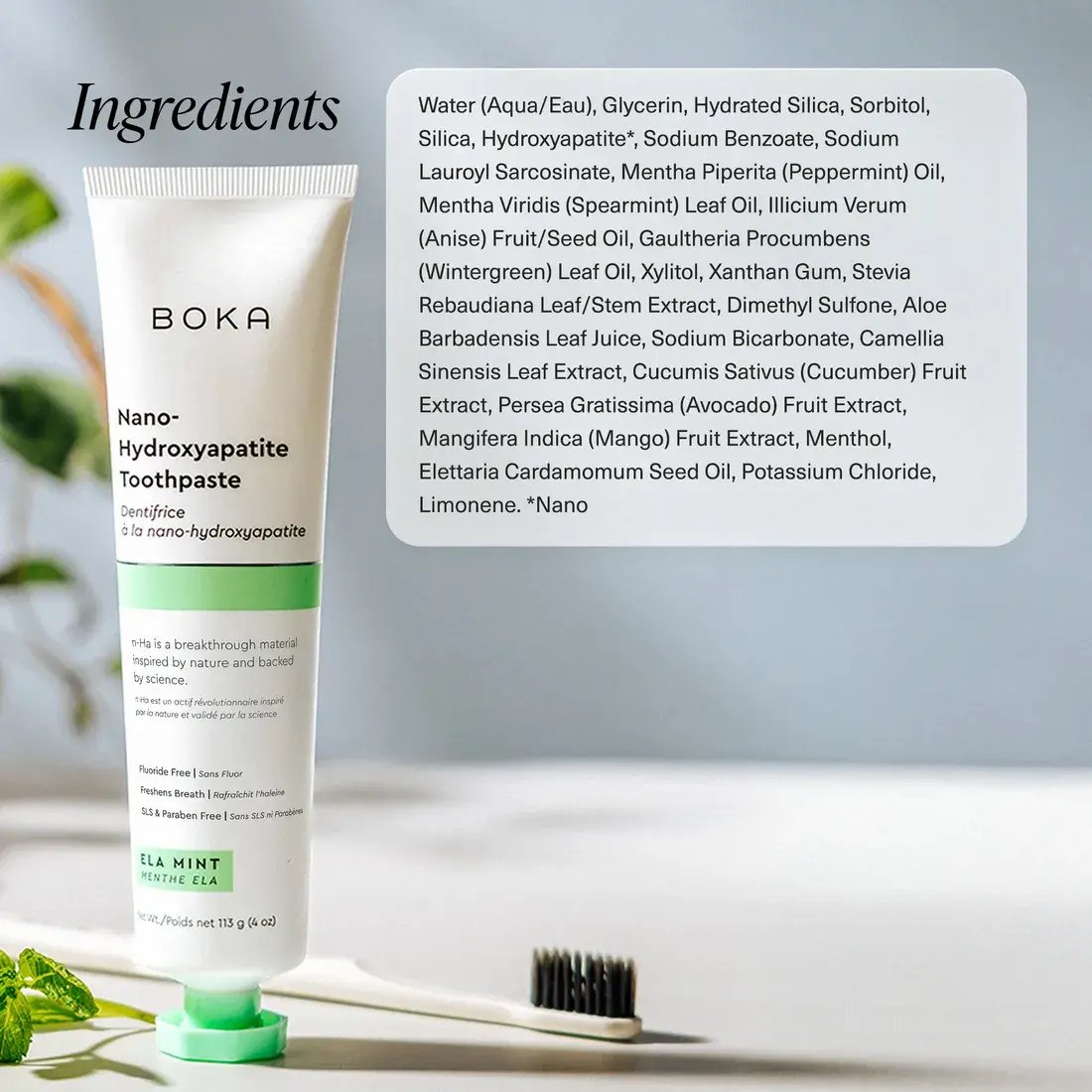 Boka toothpaste tube with ingredients list on a light background