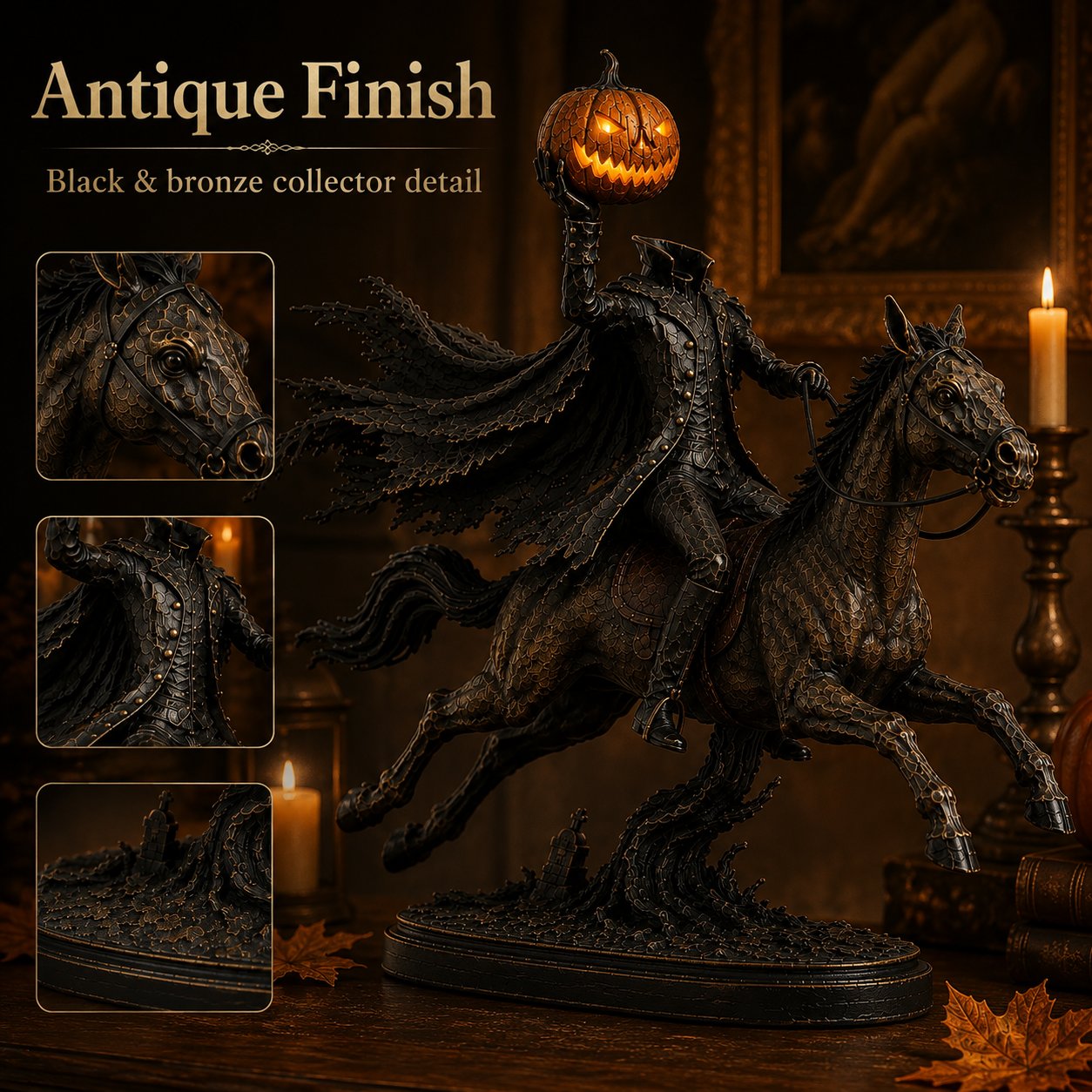 Antique black and bronze Headless Horseman finish