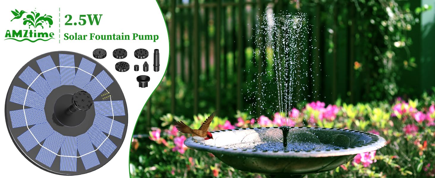 Solar fountain creating a decorative spray in a bird bath