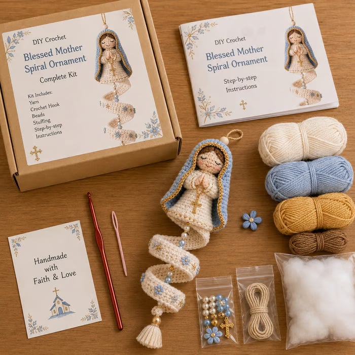 DIY Blessed Mother crochet kit with yarn hook filling and accessories