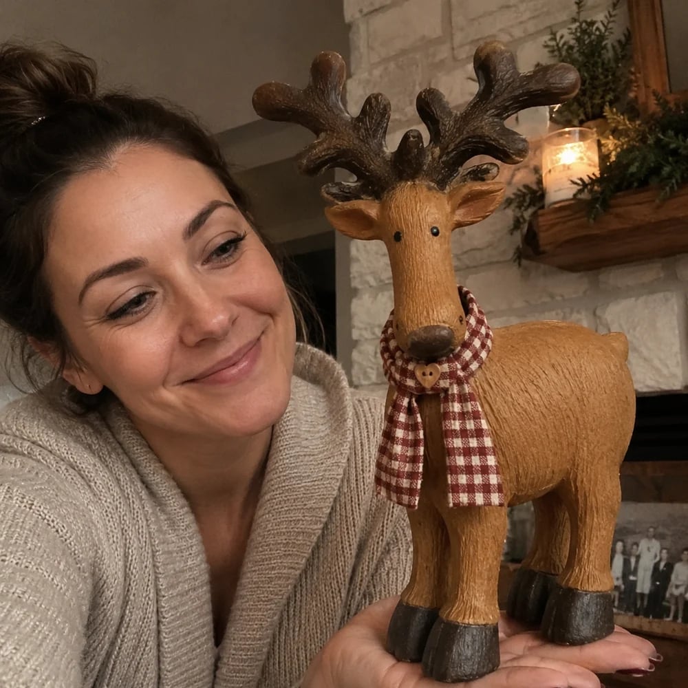 Woman showing rustic farmhouse reindeer figurine