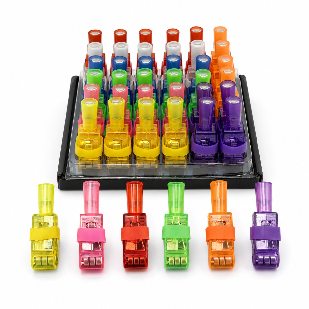 Colorful finger projectors in a display tray