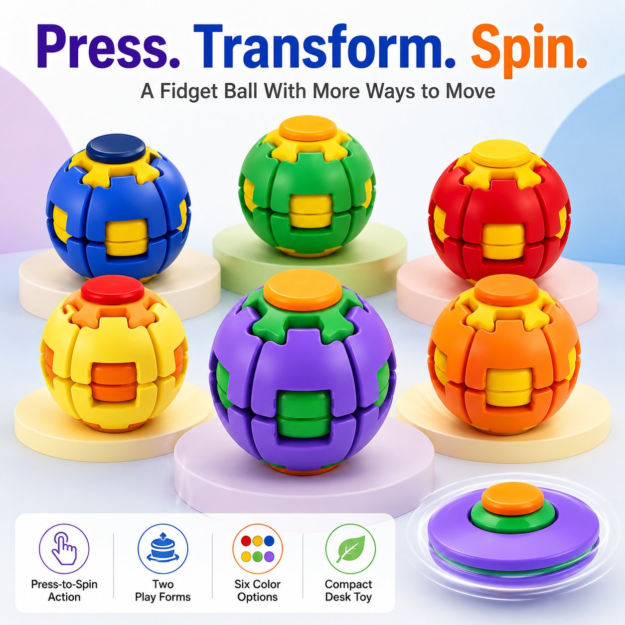 Pressing the fidget toy into its spinner form