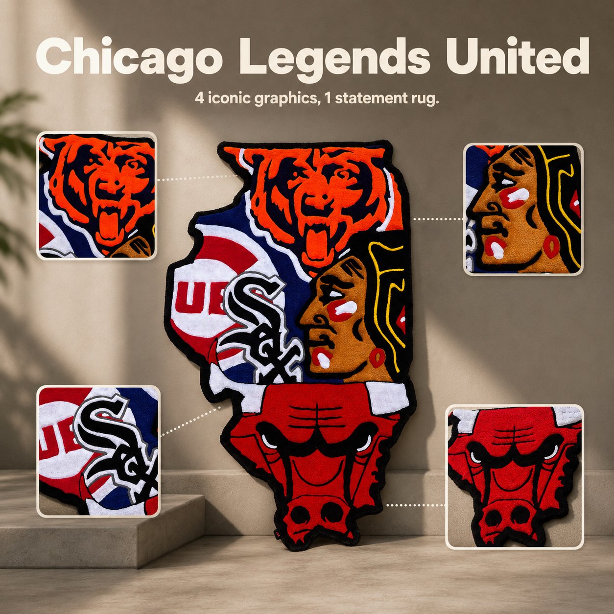 Chicago multi-team sports graphics on Illinois-shaped rug