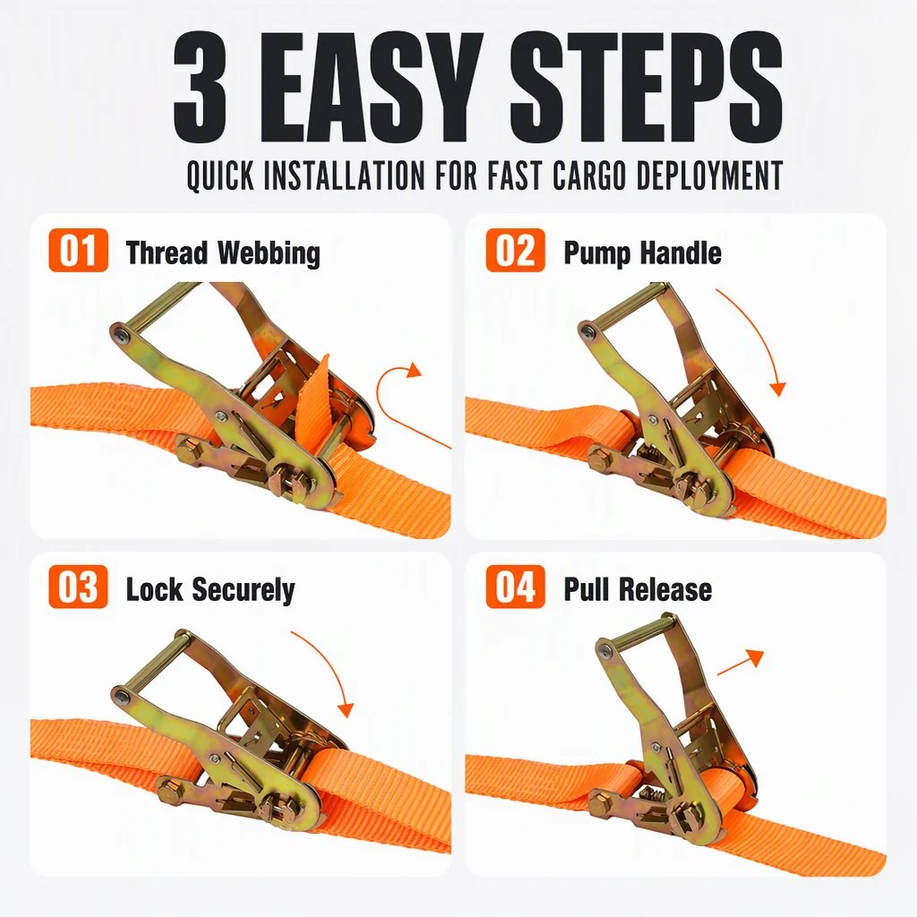 Ratchet strap threading tightening locking and release instructions
