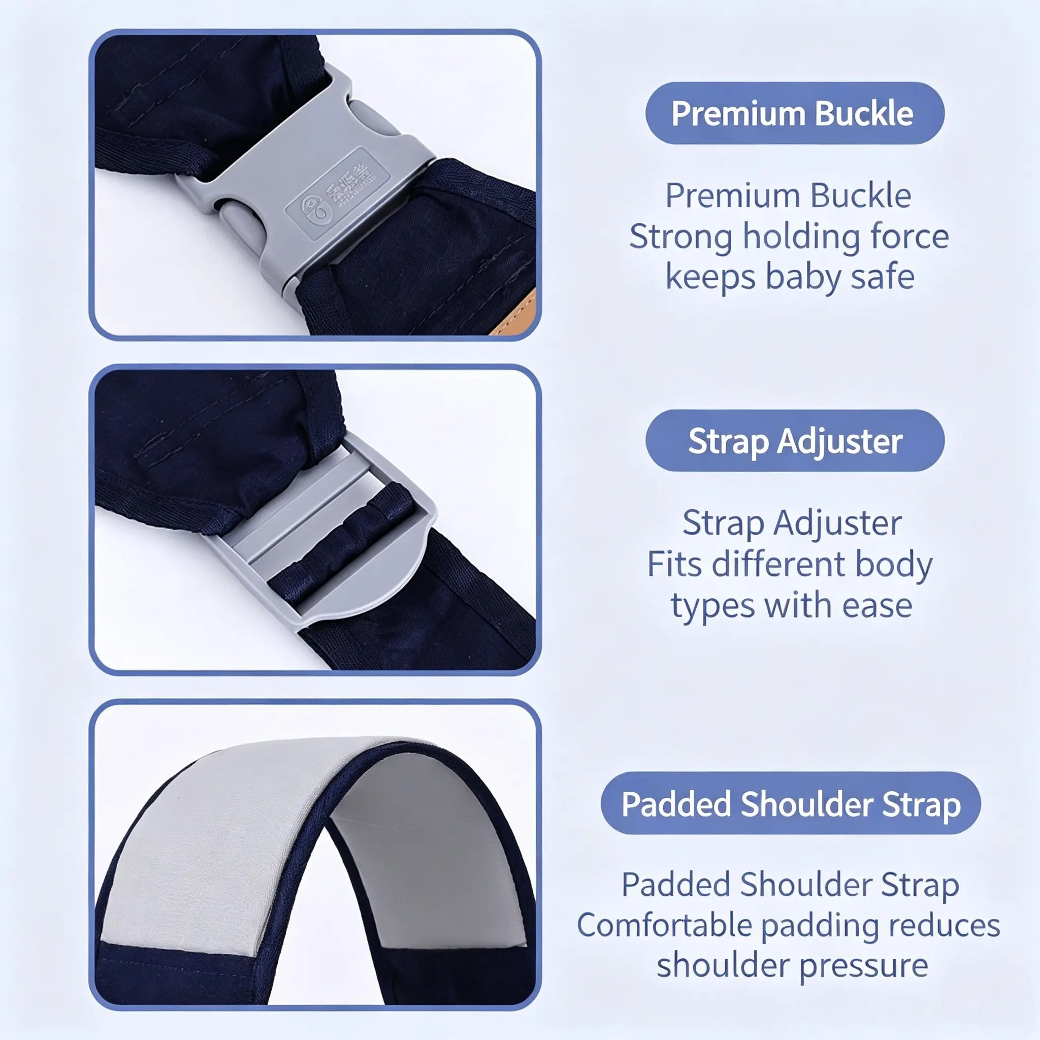 Baby sling buckle strap adjuster and padded shoulder strap