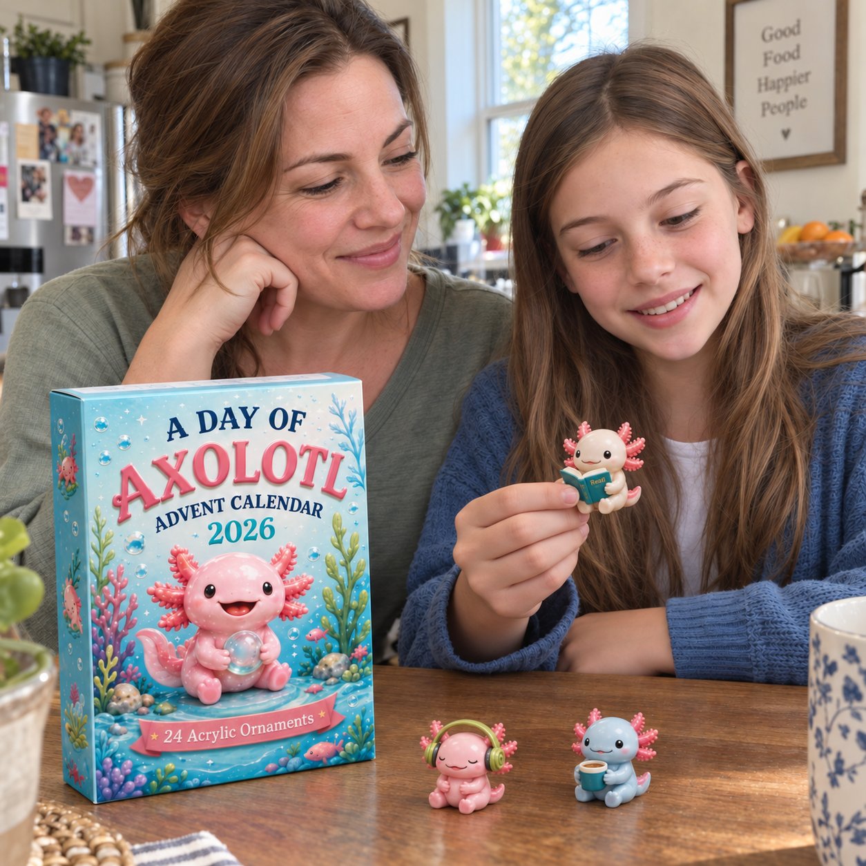 AI-generated scene of a mother and daughter looking at the book-reading, headphone and coffee-cup axolotl designs